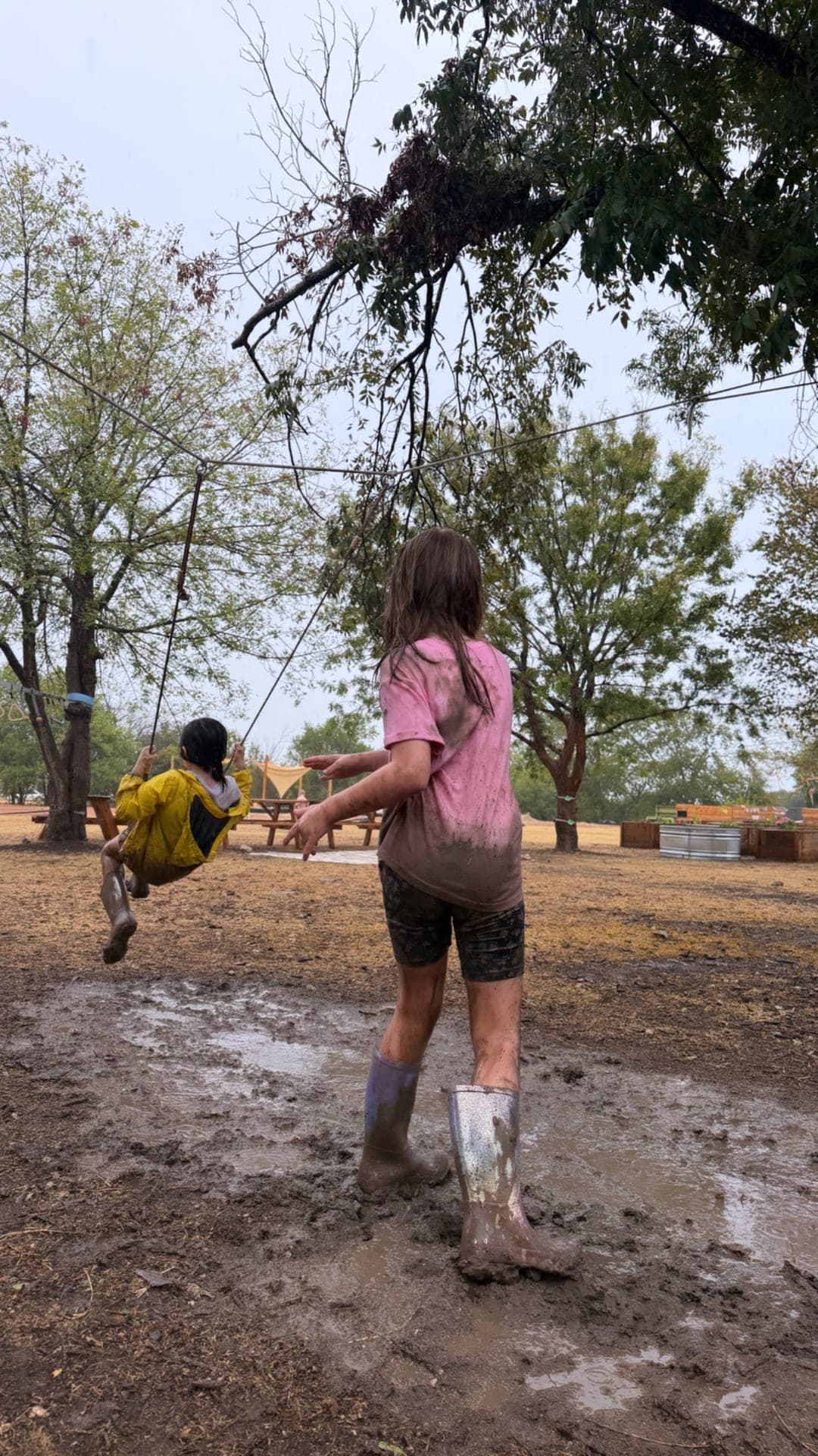 Rainy-day mud play and rope swing adventures outdoors