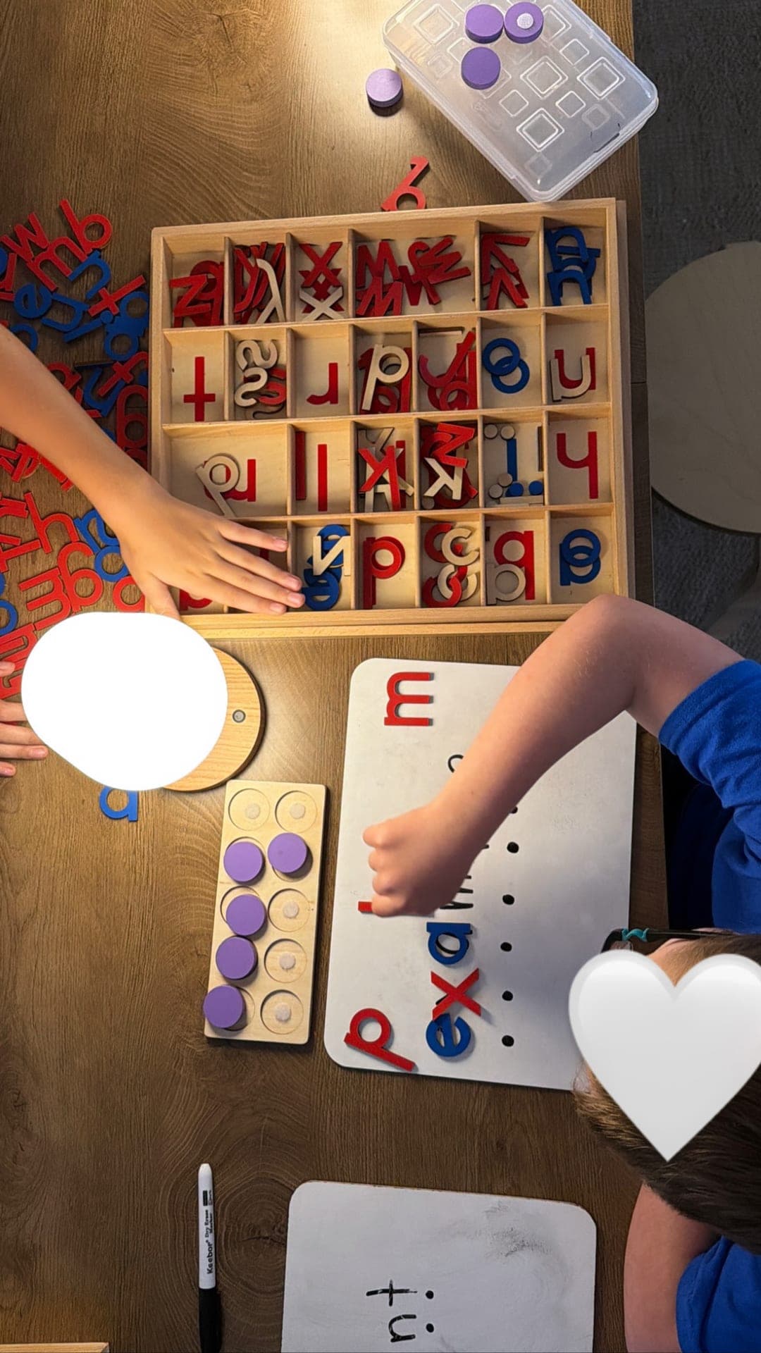 Lower elementary — moveable alphabet and ten-frame tokens for word building