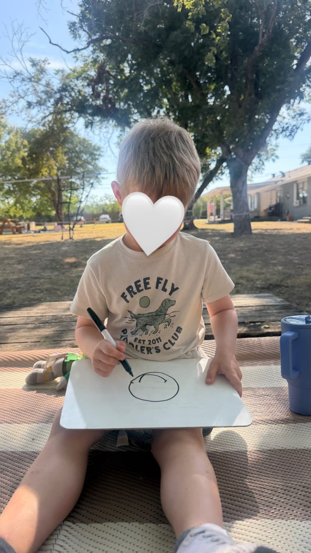 Drawing on whiteboards in the shade of the big tree