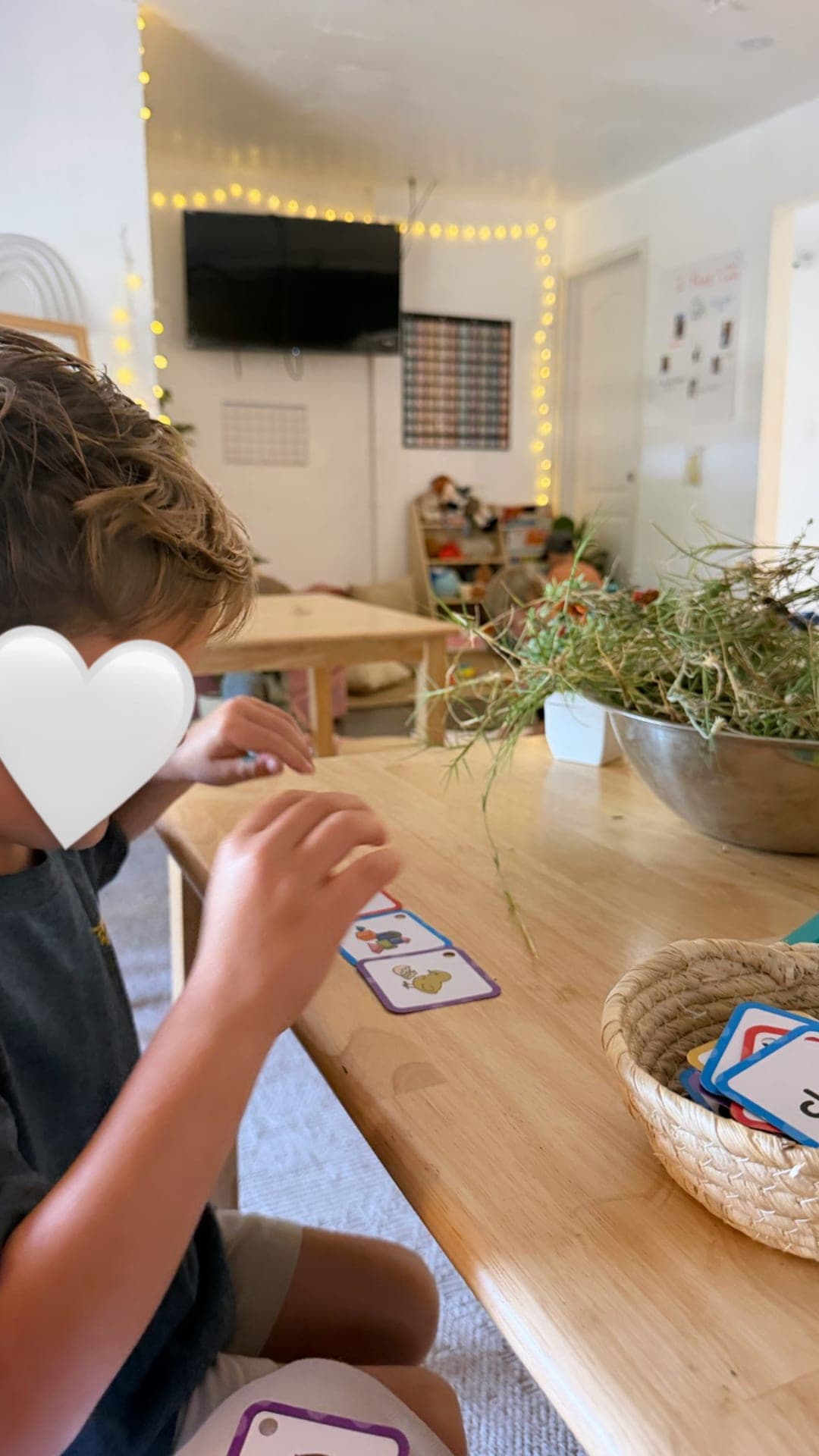 Life-cycle sequencing cards beside a bowl of harvested grasses